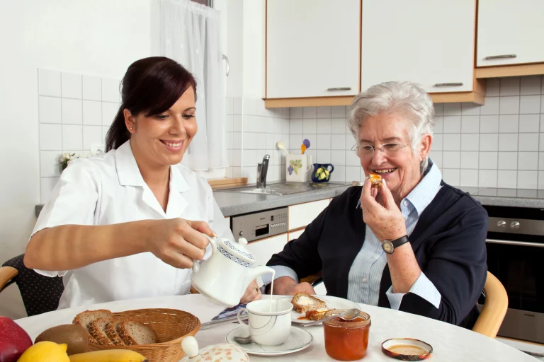Pflegekraft des Selena Pflegediensts unterstütz Seniorin beim Kochen, Reinigen und Einkaufen