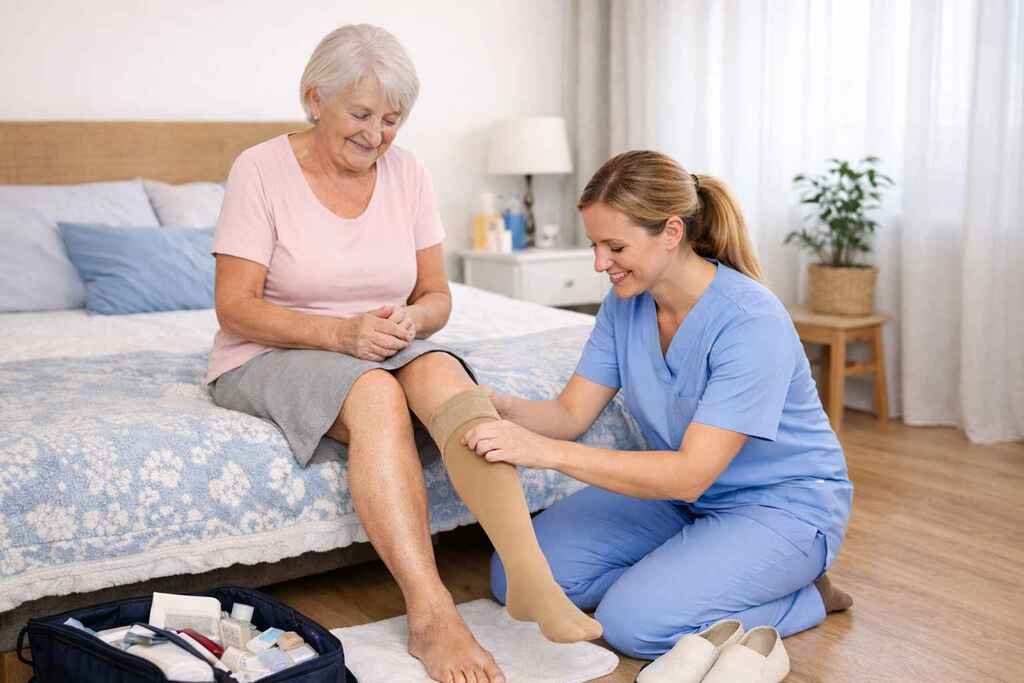 Pflegefachkraft unterstützt Patientin beim Anziehen von Kompressionsstrümpfen im Rahmen der Behandlungspflege nach SGB V in Berlin-Lichtenberg.