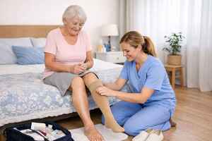 Pflegefachkraft unterstützt Patientin beim Anziehen von Kompressionsstrümpfen im Rahmen der Behandlungspflege nach SGB V in Berlin-Lichtenberg.