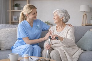 Pflegekraft vom Selena Pflegedienst betreut Seniorin zu Hause – ambulanter Pflegedienst in der Nähe in Berlin-Marzahn