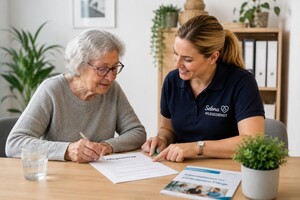 Seniorin im Gespräch mit Pflegefachkraft zum Wechsel des Pflegedienstes in Berlin-Marzahn